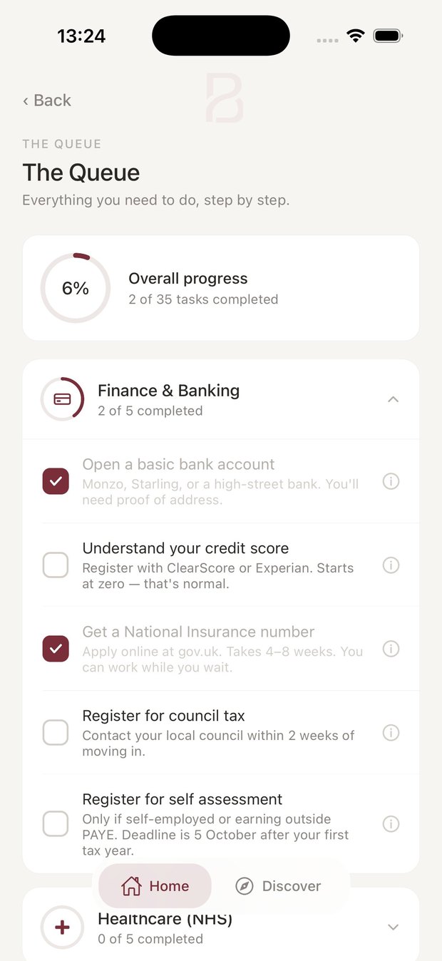 Belong UK life-admin checklist showing finance and banking tasks